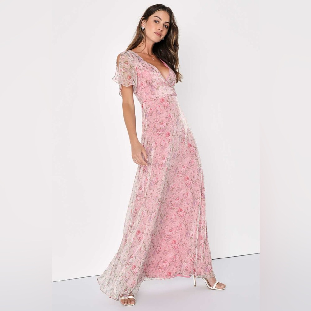 Lulus Dreamiest Desires Pink Floral Flutter Sleeve Maxi Dress - Picture 5 of 8